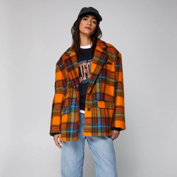 NWT! NASTY GAL Premium Wool Blend Oversized Orange Plaid Stripe Blazer Coat - Picture 12 of 16